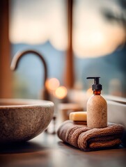 A serene background features a cosmetic bottle resting on a soft towel next to a concrete sink. The natural light filters in, enhancing the composition and minimalist aesthetics