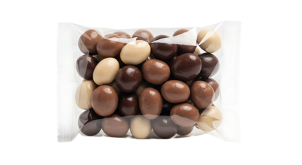 Assorted chocolate covered nuts in a clear plastic bag isolated on transparent background, showcasing a delicious mix of sweet treats and confectionery delights