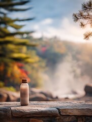 A neutral-tone water bottle stands on a stone surface, surrounded by vibrant autumn foliage and soft mist, showcasing the beauty of nature's character in minimalist design