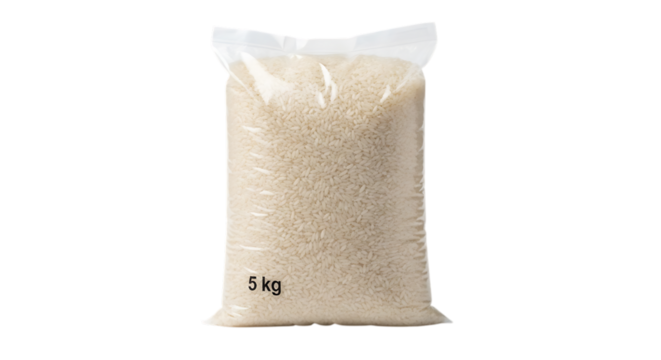 Bag of white rice isolated on transparent background, a staple food and essential ingredient for various cuisines, perfect for illustrating nutrition, diet, and grocery shopping