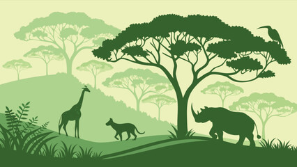 Green shaded african savanna landscape with silhouettes of animals and trees in a peaceful setting