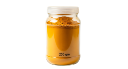 A jar of turmeric powder isolated on transparent background, showcasing its vibrant yellow color and potential health benefits as a popular spice in indian cuisine