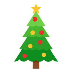 A stylized green christmas tree adorned with red and yellow ornaments and a golden star on a black background