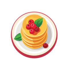 Vector Icon of fluffy Japanese soufflé pancakes topped with fresh cherry, ruspberry, vector art on white background, ideal for blogs, websites, and stationery design