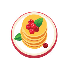 Vector Icon of fluffy Japanese soufflé pancakes topped with fresh cherry, ruspberry, vector art on white background, ideal for blogs, websites, and stationery design