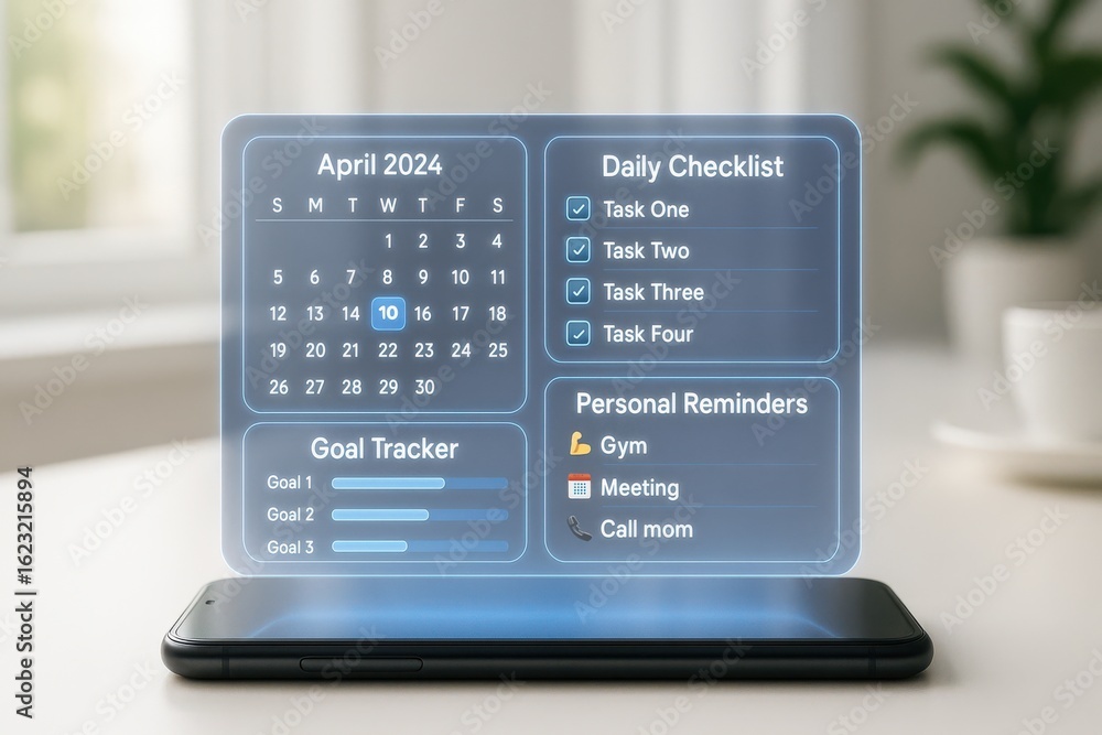 Poster smartphone displaying digital calendar with daily checklist, personal reminders, and goal tracker in
