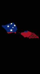Artistic illustration merging Samoa’s red field with a blue canton and Southern Cross stars into the island-shaped map of the country. Traditional tatau (tattoo) patterns and coconut palm textures.