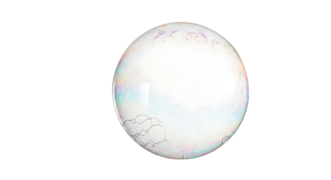 Single soap bubble isolated on transparent background, showcasing its iridescent colors and spherical shape, perfect for illustrating concepts of fragility, transparency, and childhood wonder