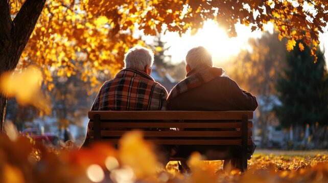 Elderly couple sharing a tender autumn moment on a wooden bench under golden trees. Autumn