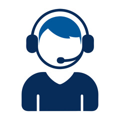 Stylized blue icon of a person wearing headphones with a microphone representing customer service or support