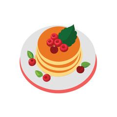 Vector Icon of fluffy Japanese soufflé pancakes topped with fresh cherry, ruspberry, vector art on white background, ideal for blogs, websites, and stationery design