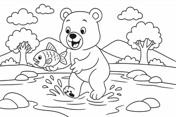 Coloring page of a cheerful bear standing in a river, catching a fish with its paw, surrounded by trees and hills