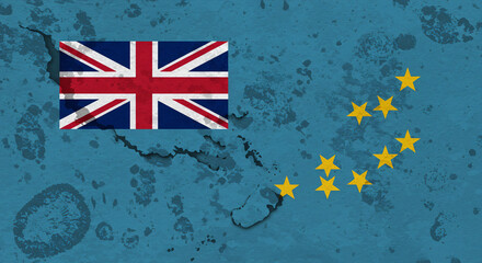 Artistic representation of Tuvalu’s blue ensign with the Union Jack and nine stars into the tiny island nation’s geographic form. Subtle textures of coral reefs and rising sea levels.