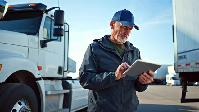 driver forwarder looks at the route on the tablet near the truck