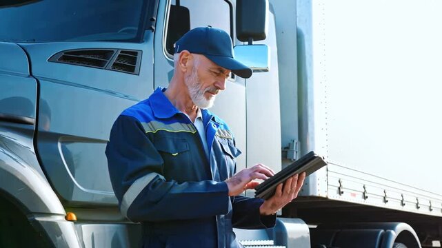 driver forwarder looks at the route on the tablet near the truck