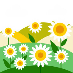 A vibrant stylized landscape featuring white daisies under a dark sky with fluffy white clouds