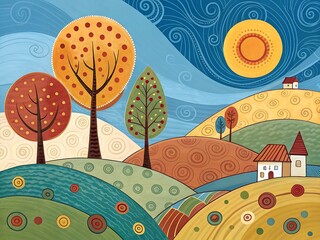 A whimsical countryside landscape illustration featuring colorful trees, rolling hills, and quaint houses under a sunny sky, evoking a sense of rural charm