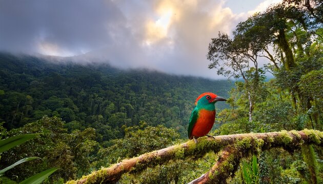 a pompadour cotinga scans the rainforest below