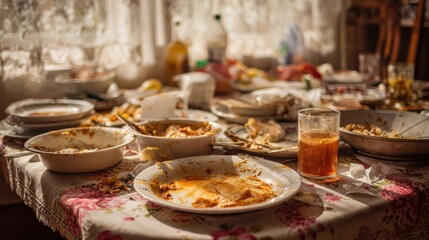 Fototapeta premium A messy dining table with leftover food, dirty plates, and spilled drinks, soft daylight