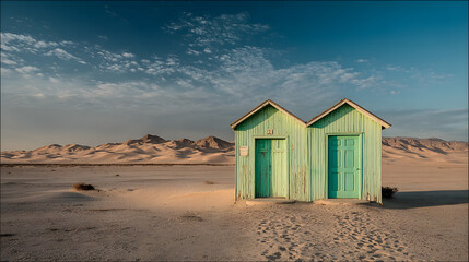 Rustic green twin wooden cabins standing in a surreal desert landscape with sand dunes and mountains under a vibrant blue sky