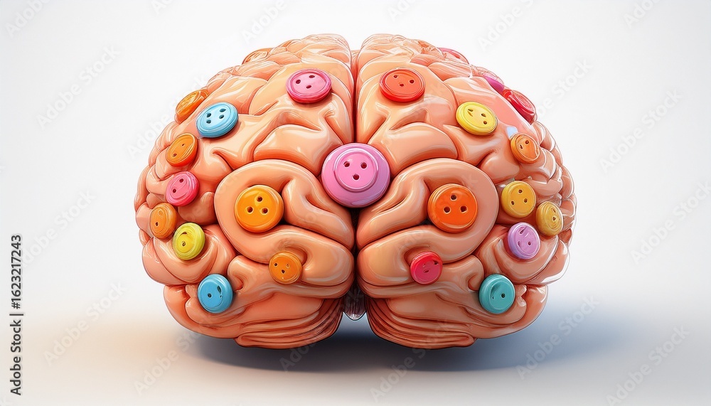 Poster a playful peach brain adorned with colorful buttons and a small orange orb sits isolated on white ba