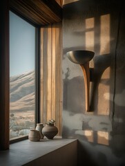 A tranquil setting captures a minimalist composition featuring a light-grey textured wall, wooden accents, and a scenic view of nature outside. This background creates a calm ambiance