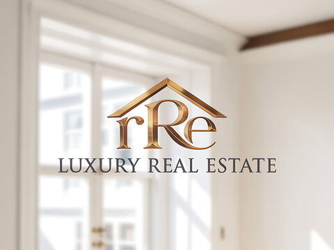 Golden R Re luxury real estate logo over blurred interior