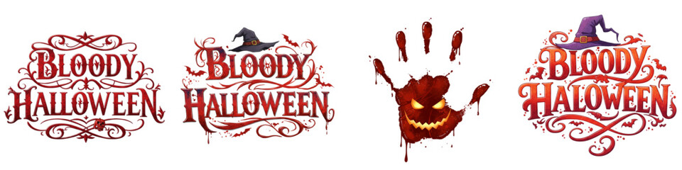 Set of isolated Halloween designs with bloody typography and graphics  