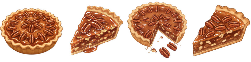 Set of isolated pecan pie in various angles and slices  