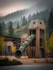A modern outdoor playground built with wooden structures showcases minimalism and aesthetic appeal. Its design integrates nature's character, creating a tranquil and playful environment
