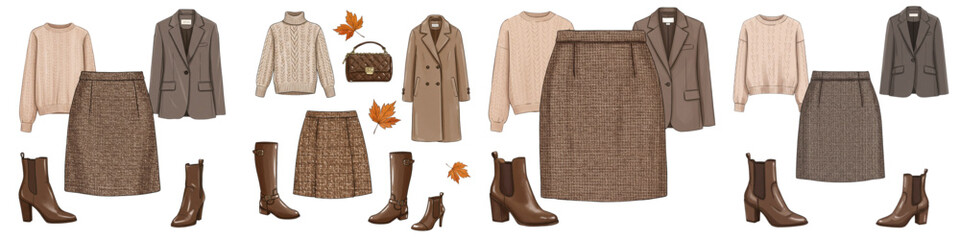 Set of isolated fashionable women's clothing in autumn colors  