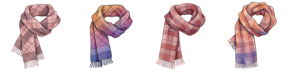 Set of isolated plaid scarves for autumn fashion in various colors  