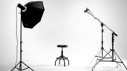 Setting up professional studio lighting and equipment for a photography session with a modern stool in the center awaiting a subject to capture stunning portraits