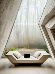 A serene lounge featuring a minimalist sofa and an open laptop, set in a modern architectural space with large windows. Nature's character is projected through a foggy forest view