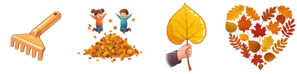 Set of isolated autumn-themed illustrations with children and leaves, Leaf Raking, Kids & Family Leaf Play