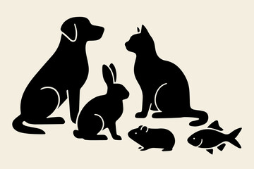 Adorable pet silhouettes featuring a dog, cat, rabbit, guinea pig, and fish for pet-related designs - Vector illustration