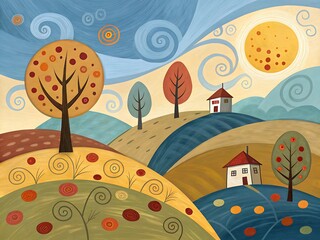 Whimsical landscape painting featuring rolling hills, colorful trees, and charming houses under a swirling sky, creating a peaceful and idyllic countryside scene