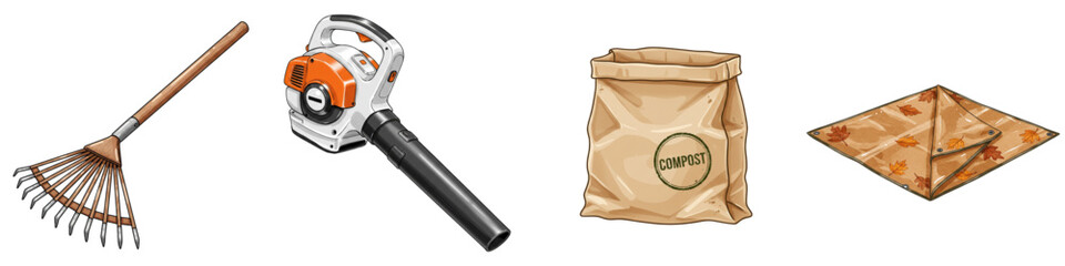 Leaf Raking, Set of isolated gardening tools including rake, blower, bag, and tarp, Autumn Cleanup Tools