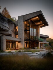 Reflective glass buildings blend seamlessly with natural surroundings. The design showcases minimalism in architectural form, emphasizing aesthetics and identity through environmental integration