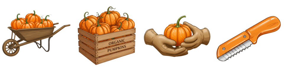 Set of isolated pumpkins in wheelbarrow, box, hands, and knife, Pumpkin Picking 