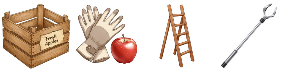Apple Picking Essentials, Set of isolated gardening tools, gloves, ladder, and apple in autumn  