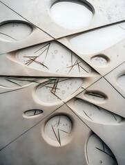 This composition features a flow of natural elements and textures on a stone surface, highlighting raindrops and organic materials