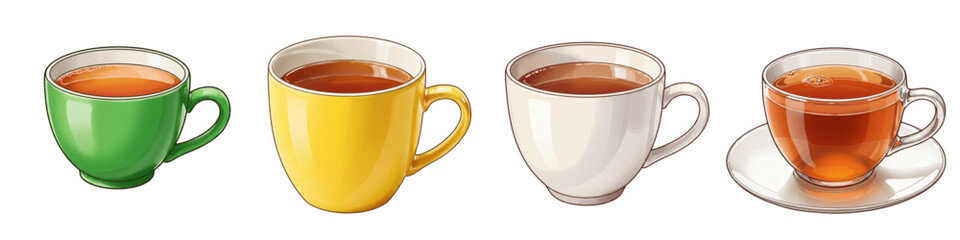 Set of isolated colorful tea cups with different beverages in various colors  