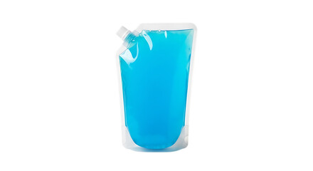 Closeup studio shot of a pouch with blue liquid isolated on transparent background, showcasing its transparent package, ideal for beverage, juice, or smoothie mockups