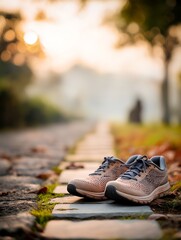 Running shoes rest on a stone path surrounded by moss and greenery, capturing the essence of minimalist design in nature. The soft sunlight adds warmth to the scene, inviting exploration
