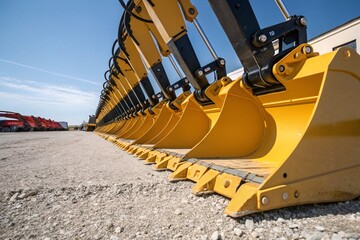 Construction Equipment Lineup Yellow Excavator Buckets on Gravel