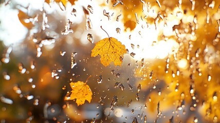 View from a cozy room through a rain-covered window highlighting water droplets with swirling autumn leaves and a warm glowing ambiance. Autumn