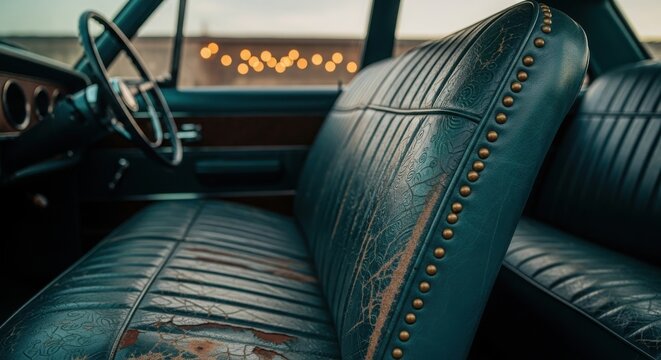 Closeup of the worn leather seat and interior of a vintage car