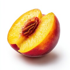 Freshly cut nectarine showing vibrant flesh and pit on white background