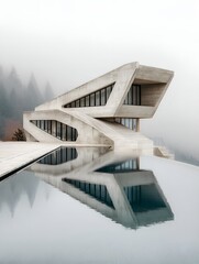 A striking building emerges from the mist, reflecting its unique structure in the calm infinity pool. The minimalist design captivates with its aesthetics and plays on identity through architecture